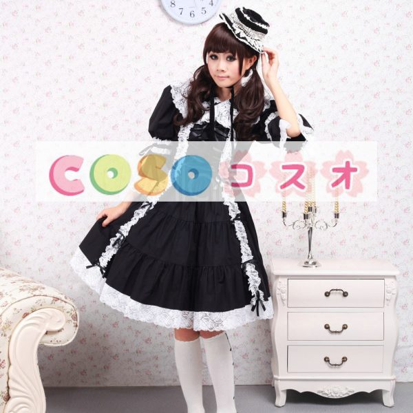 ロリータワンピース，ブラック　ターンダウンカラー　蝶結び　ハーフスリーブ　姫袖　リボン　 ―Lolita0172