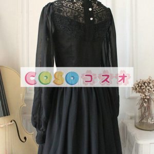 ロリータ服　ワンピース　ブラック　単色　ドレス　オーガンザ　ゴシック　レース　カジュアル　 ―Lolita0195