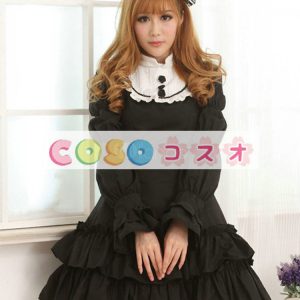 ロリータ服，ワンピース　ブラック　長袖　スタンドカラー　カラーブロック　高品質 ―Lolita0246