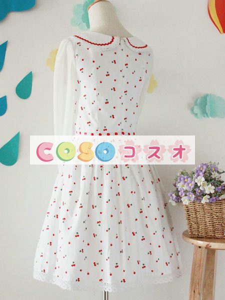 ロリータ服　ワンピース　ホワイト　プリント　ドレス　コットン　スィート　ファスナー　カジュアル　 ―Lolita0269