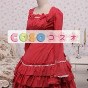 ロリータワンピース,レッド スクエアネック ラッフル ロングスリーブ 水玉模様 姫風 ―Lolita0277 2 ロリータワンピース,レッド スクエアネック ラッフル ロングスリーブ 水玉模様 姫風 ―Lolita0277 2