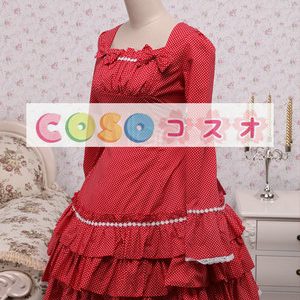 ロリータワンピース，レッド　スクエアネック　ラッフル　ロングスリーブ　水玉模様　姫風　 ―Lolita0277