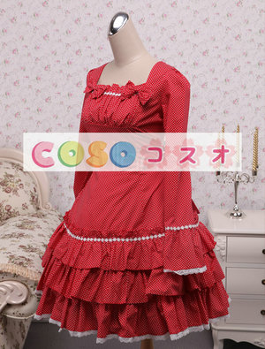 ロリータワンピース,レッド スクエアネック ラッフル ロングスリーブ 水玉模様 姫風 ―Lolita0277