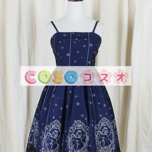 ロリィタジャンパースカート　ディープブルー  プリント柄　レース ―Lolita0284