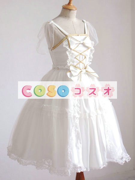 ロリータ服 ワンピース エクリュホワイト ストッキング シフォン ノースリーブ ―Lolita0285