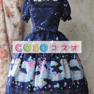 ロリータ服　ワンピース　プリント　ドレス　シフォン　スィート　リボン　カジュアル　 ―Lolita0315