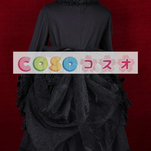ロリータワンピース，ブラック　スクエアネック　ラッフル　飾りボタン　ロングスリーブ　スィート　 ―Lolita0422