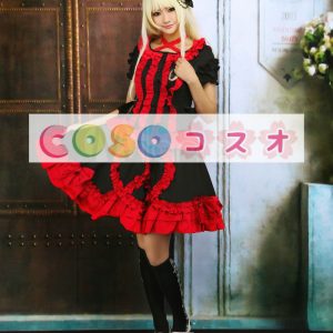 ロリータワンピース，レッド＆ブラック　スクエアネック　ラッフル　ショートスリーブ　スィート　 ―Lolita0501