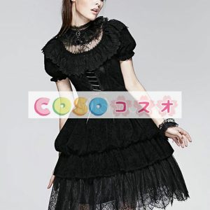 ロリータ服　ワンピース　ブラック　単色　ドレス　ナイロン　ゴシック　レース　カジュアル　 ―Lolita0520