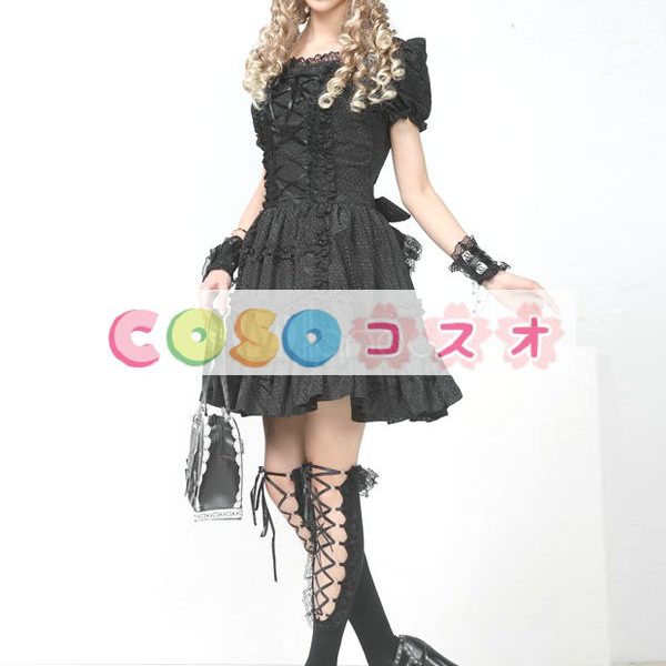 ロリータワンピース，ブラック　スクエアネック　ドローストリング　ショートスリーブ　ゴシック　 ―Lolita0521