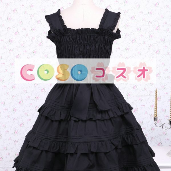 ロリータジャンパースカート，ブラック　飾りボタン　ラッフル　クラシック＆トラディション　コットン　 ―Lolita0533