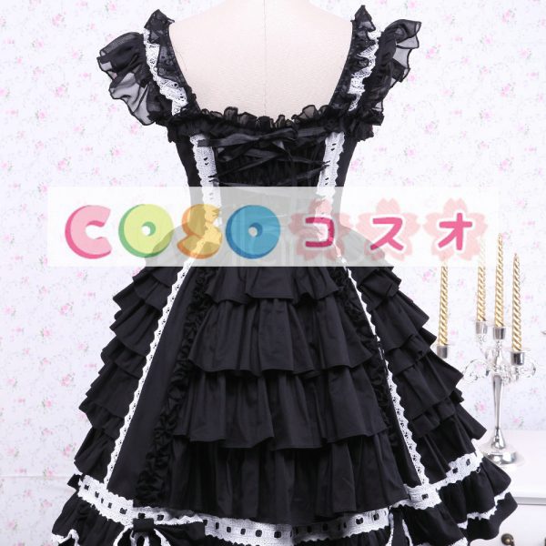 ロリータワンピース，ブラック　リボン　ティアド　スィート　コットン　 ―Lolita0556
