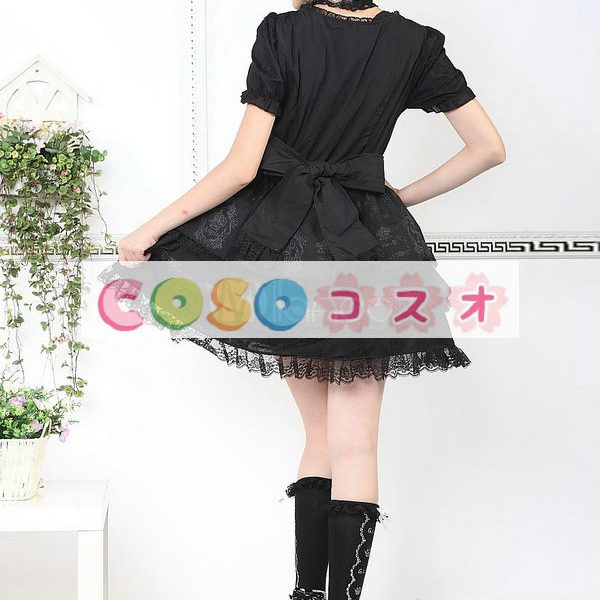 ロリータワンピース，ブラック　スクエアネック　蝶結び　レース　ショートスリーブ　パンク　 ―Lolita0557