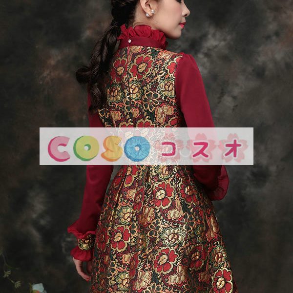 ロリータ服 ワンピース ワインレッド ボディコン ドレス 合成繊維 可愛い 長袖 ポートレイトネック ビーズ カジュアル ―Lolita0576