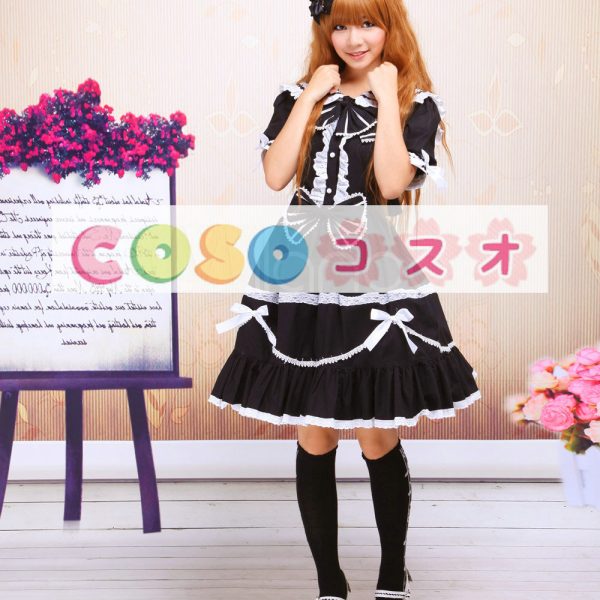 ロリータワンピース，ブラック　ジュエルネック　蝶結び　ショートスリーブ　クラシック＆トラディション　 ―Lolita0600