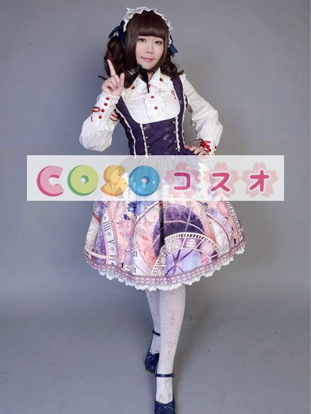ロリィタジャンパースカート　パーティー　可愛い　合成繊維　プリント柄　リボン　 ―Lolita0605