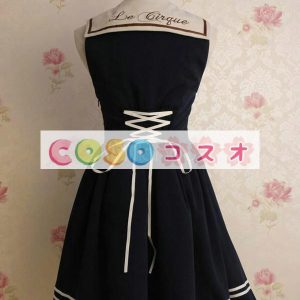 ロリータ服　ワンピース　ダークネイビー　チュニック　ドレス　綿混紡　可愛い　ノースリーブ　折り襟　リボン　パーティー　 ―Lolita0609