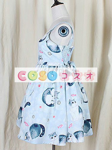 ロリータ服 ワンピース ライトブルー チュニック プリント柄 綿麻 可愛い ノースリーブ パーティー ―Lolita0628