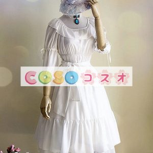 ロリータ服　ワンピース　ホワイト　チュニック　ドレス　シフォン　可愛い　五分袖　リボン　パーティー　 ―Lolita0714