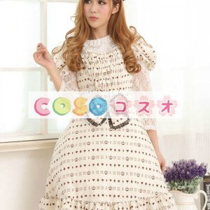 ロリータ服　ワンピース　ベージュ　チュニック　プリント柄　綿混紡　可愛い　半袖　パーティー　 ―Lolita0745