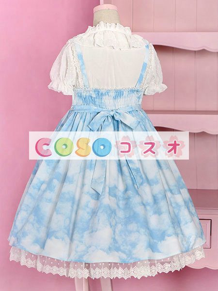 ロリィタジャンパースカート　ブルー　フリル　スウィート　合成繊維　パーティー　 ―Lolita0777