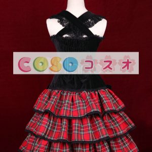 ロリィタジャンパースカート　ブラック＆レッド　ギンガム　レースアップ　レーストリム ―Lolita0173