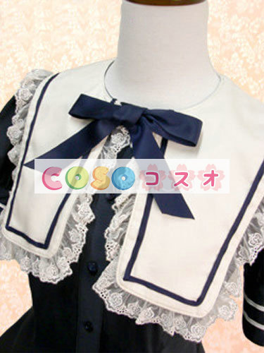 ロリータ服 ワンピース ダークネイビー チュニック ドレス コットン 可愛い 半袖 折り襟 リボン パーティー ―Lolita0735