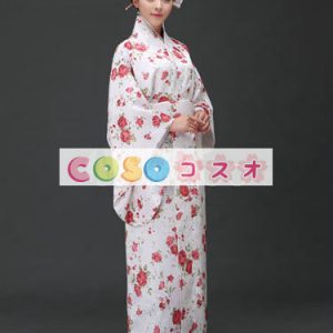女性のための白い花を印刷マット サテン着物―festival-0071
