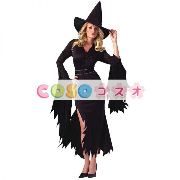 ハロウィーン衣装　魔法使い　帽子＆ドレス　ブラック　女性用　合成繊維―festival-0107