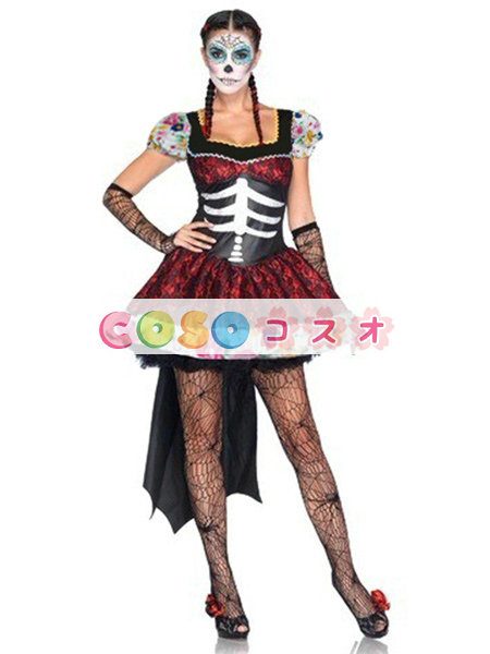 レッド ハロウィン スケルトン ドレス セクシー バンパイア コスチューム 女性用 合成繊維―festival-0273