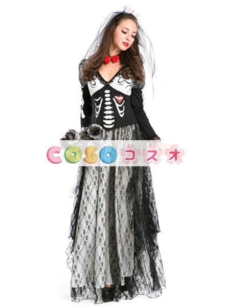 ハロウィン　スケルトン　ドレス　ブラック　ゴースト　コスチューム　女性用　大人用　合成繊維　悪魔&モンスター―festival-0308