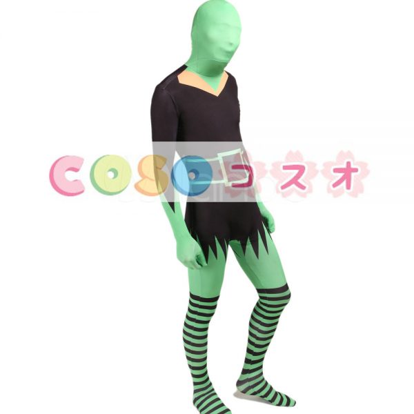 全身タイツ，グリーン　ユニセックス　カラーブロック　開口部のない全身タイツ　仮装コスチューム　―taitsu-tights0998