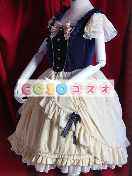 ロリィタドレス　半袖　ダークネイビー　レーストリム　フリル　プリンセス　リボン ―Lolita0035