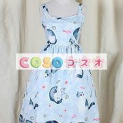 ロリータ服　ワンピース　ライトブルー　チュニック　プリント柄　綿麻　可愛い　ノースリーブ　パーティー　 ―Lolita0085 3