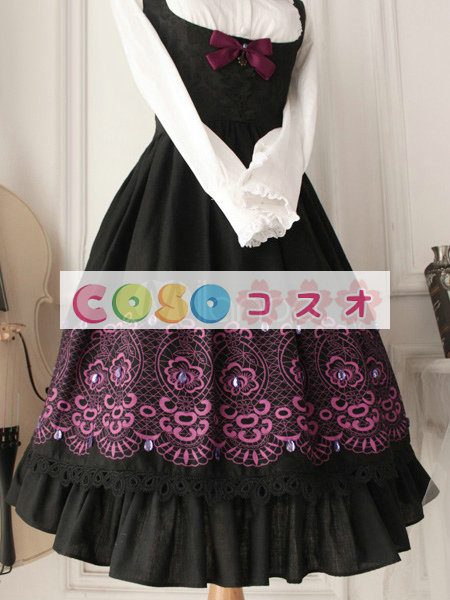 ロリータジャンパースカート　ブラック　カスケードフリル　ゴシック　コットン　 ―Lolita0092