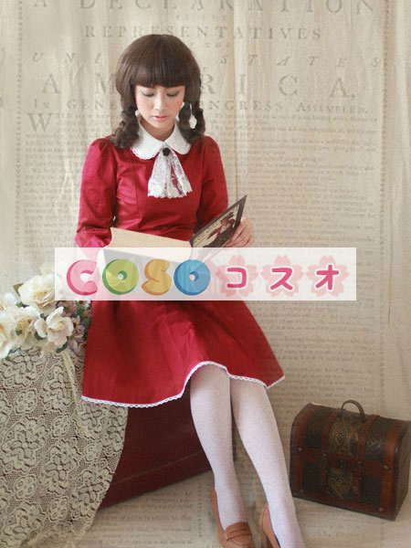 ロリータ服　ワンピース　ワインレッド　単色　ドレス　コットン　スィート　リボン　カジュアル　 ―Lolita0191