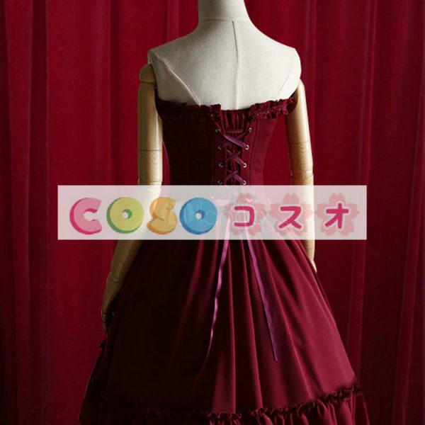 コルセット　シャーリング　レトロ　コットン　パーティー　ワインレッド　 ―Lolita0233