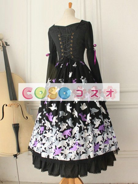 ロリータ服　ワンピース　ブラック　プリント　ドレス　コットン　ゴシック　結び　カジュアル　 ―Lolita0420
