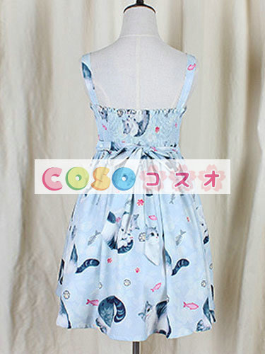 ロリータ服 ワンピース ライトブルー チュニック プリント柄 綿麻 可愛い ノースリーブ パーティー ―Lolita0628