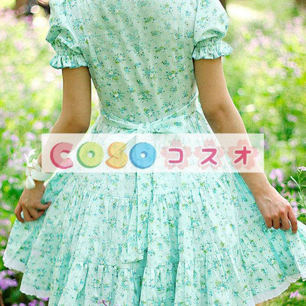 ロリータ服　ワンピース　ライトブルー　チュニック　プリント柄　コットン　可愛い　半袖　ポートレイトネック　パーティー　 ―Lolita0671