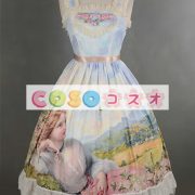 ロリィタジャンパースカート　ライトブルー　リボン　可愛い　合成繊維　パーティー　プリント柄　 ―Lolita0686 3