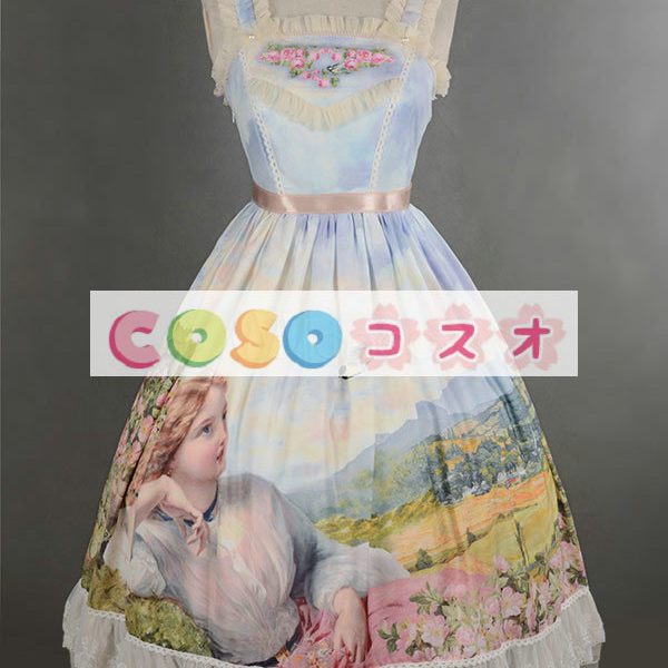 ロリィタジャンパースカート　ライトブルー　リボン　可愛い　合成繊維　パーティー　プリント柄　 ―Lolita0686