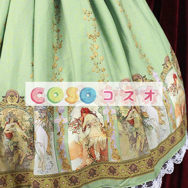 ロリィタジャンパースカート　グリーン　リボン　可愛い　合成繊維　パーティー　プリント柄　 ―Lolita0702