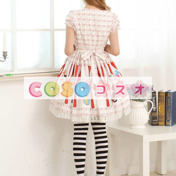 ロリータ服　ワンピース　ホワイト　チュニック　プリント柄　綿混紡　可愛い　半袖　パーティー　 ―Lolita0737