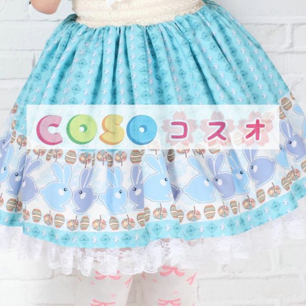 ロリータ服　スカート　ブルー　レース付き　スィート　プリント柄　 ―Lolita0447