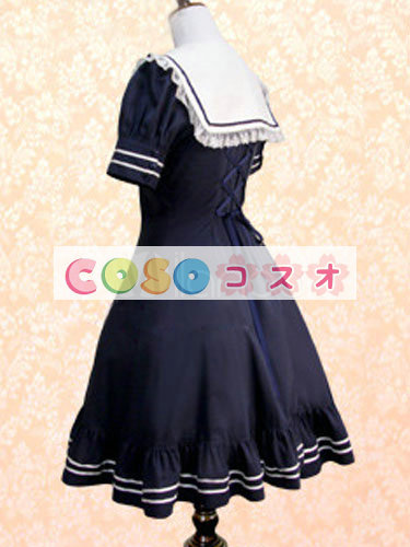 ロリータ服 ワンピース ダークネイビー チュニック ドレス コットン 可愛い 半袖 折り襟 リボン パーティー ―Lolita0735