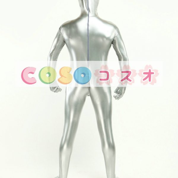 全身タイツ，PVC　シルバー　目と口が開いている　ユニセックス　大人用　コスチューム―taitsu-tights1054