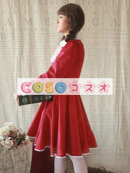 ロリータ服　ワンピース　ワインレッド　単色　ドレス　コットン　スィート　リボン　カジュアル　 ―Lolita0191