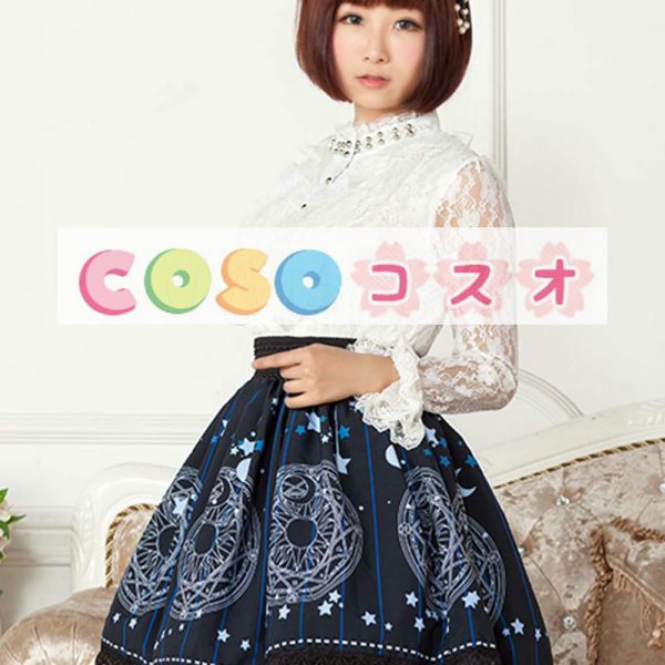 ロリータ服　スカート　スウィート　ポリエステル　プリント　ディープブルー　カジュアル　 ―Lolita0217
