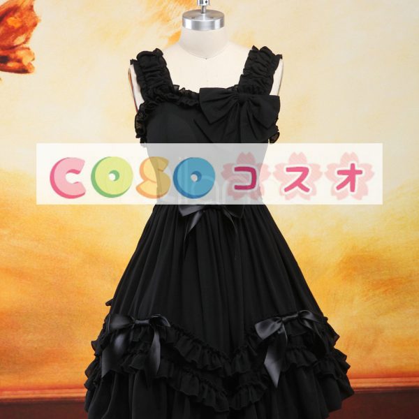 ロリータジャンパースカート，ブラック　リボン　スクエアネック　スィート　シフォン　 ―Lolita0373
